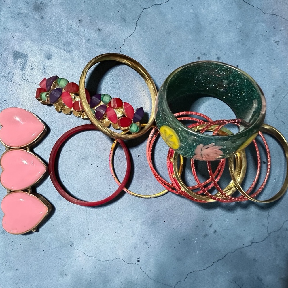 Vintage Boho BangleBracelet Stack-Enamel Hearts Floral Cloisonné Style Pink/Teal - Picture 4 of 4